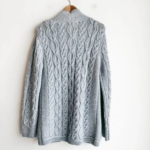 Aran Mor Merino Wool Cable Knit Blue Open Front Cardigan L